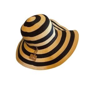 NWT Sunlily Black Natural Striped Sun Hat Woven Leather Trim One Size